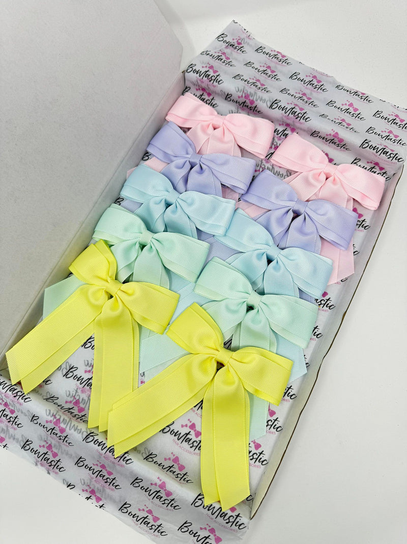 Bow Set - 4.5 Inch Tail Bows - 10 Pack Clips - Powder Pink, Lilac Mist, Blue Vapor, Ice Mint & Baby Maize