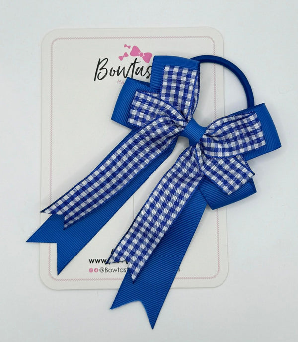 4 Inch Double Tail Bow Bobble - Royal Blue & Royal Blue Gingham