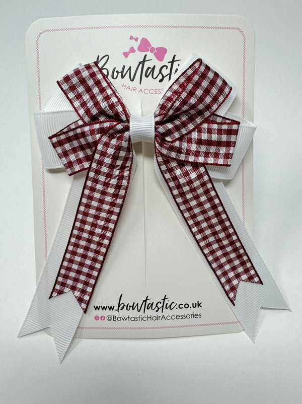 4 Inch Double Tail Bow - Burgundy & White Gingham