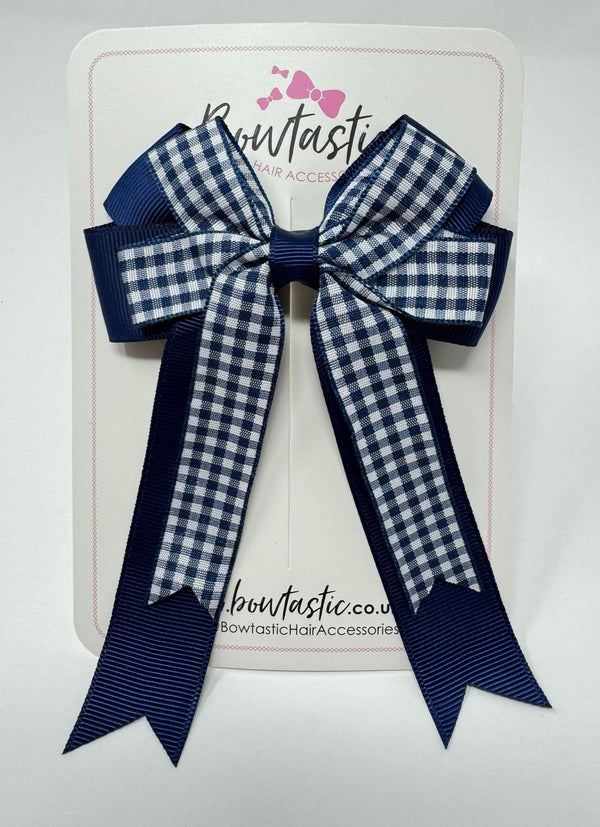4 Inch Double Tail Bow - Navy & Navy Gingham