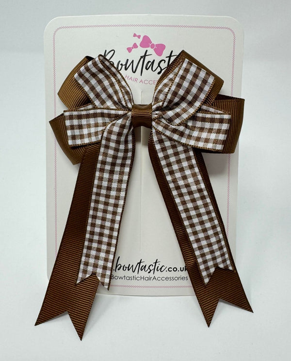 4 Inch Double Tail Bow - Turftan & Brown Gingham