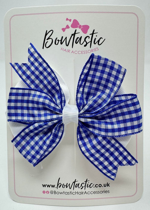 3.5 Inch Flat Double Bow - Royal Blue & White Gingham