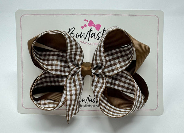 4 Inch 2 Layer Bow - Brown & Brown Gingham