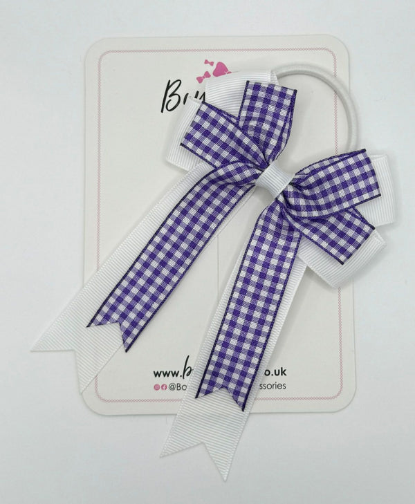 4 Inch Double Tail Bow Bobble - Purple & White Gingham