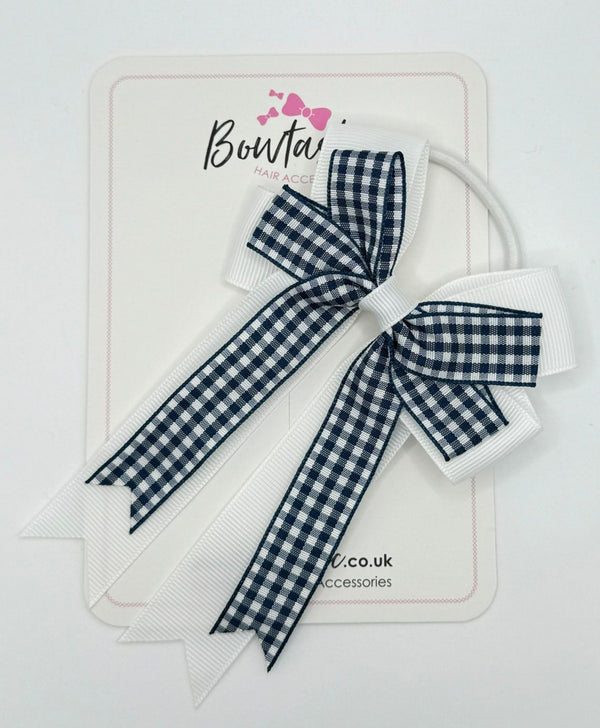 4 Inch Double Tail Bow Bobble - Navy & White Gingham
