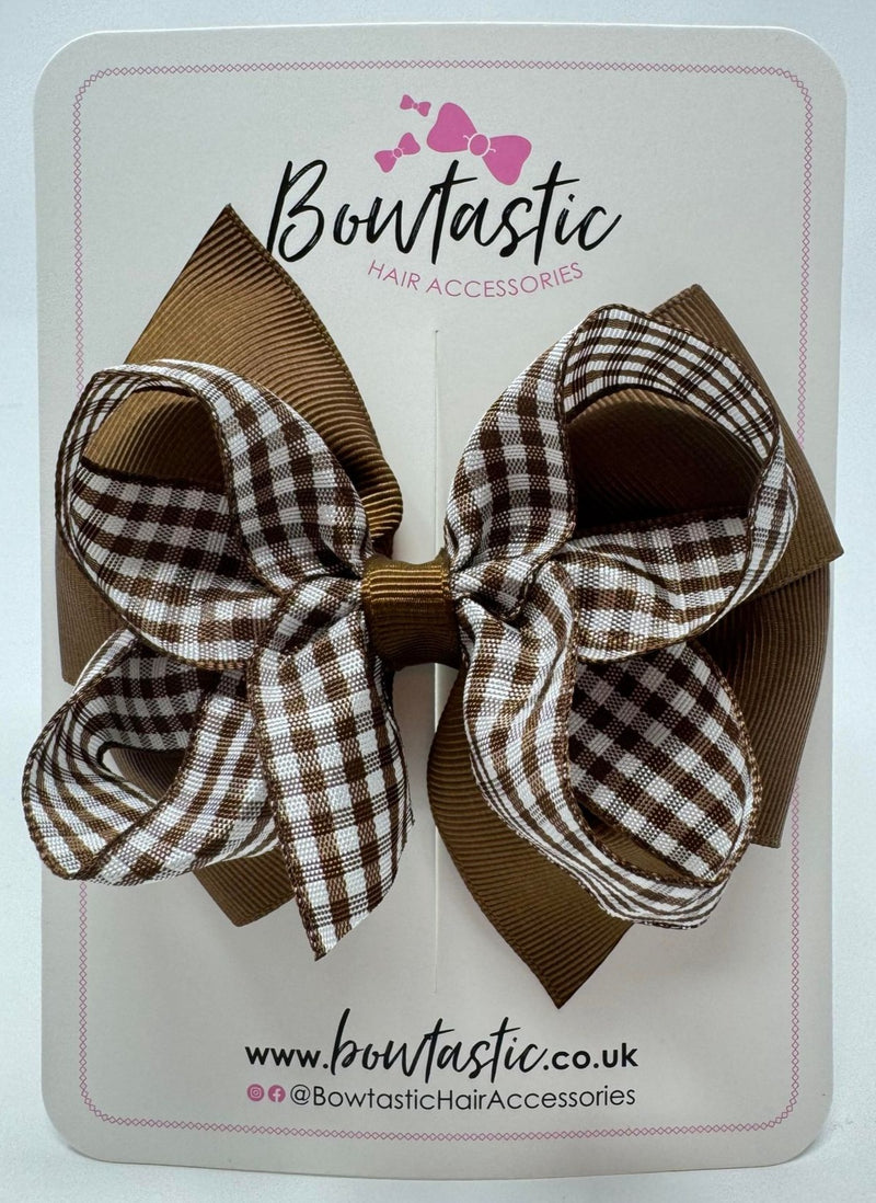 4 Inch Double Bow - Turftan & Brown Gingham