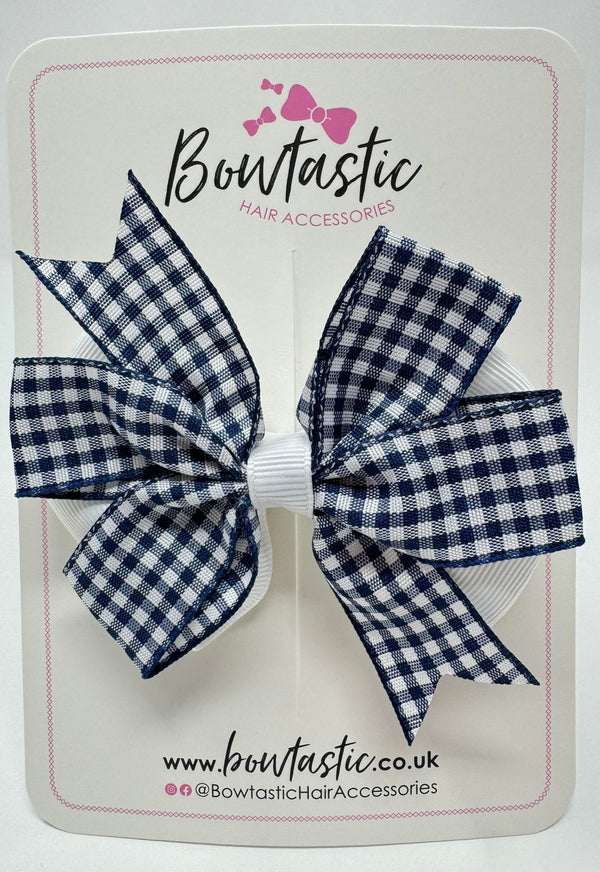 3.5 Inch Flat Double Bow - Navy & White Gingham