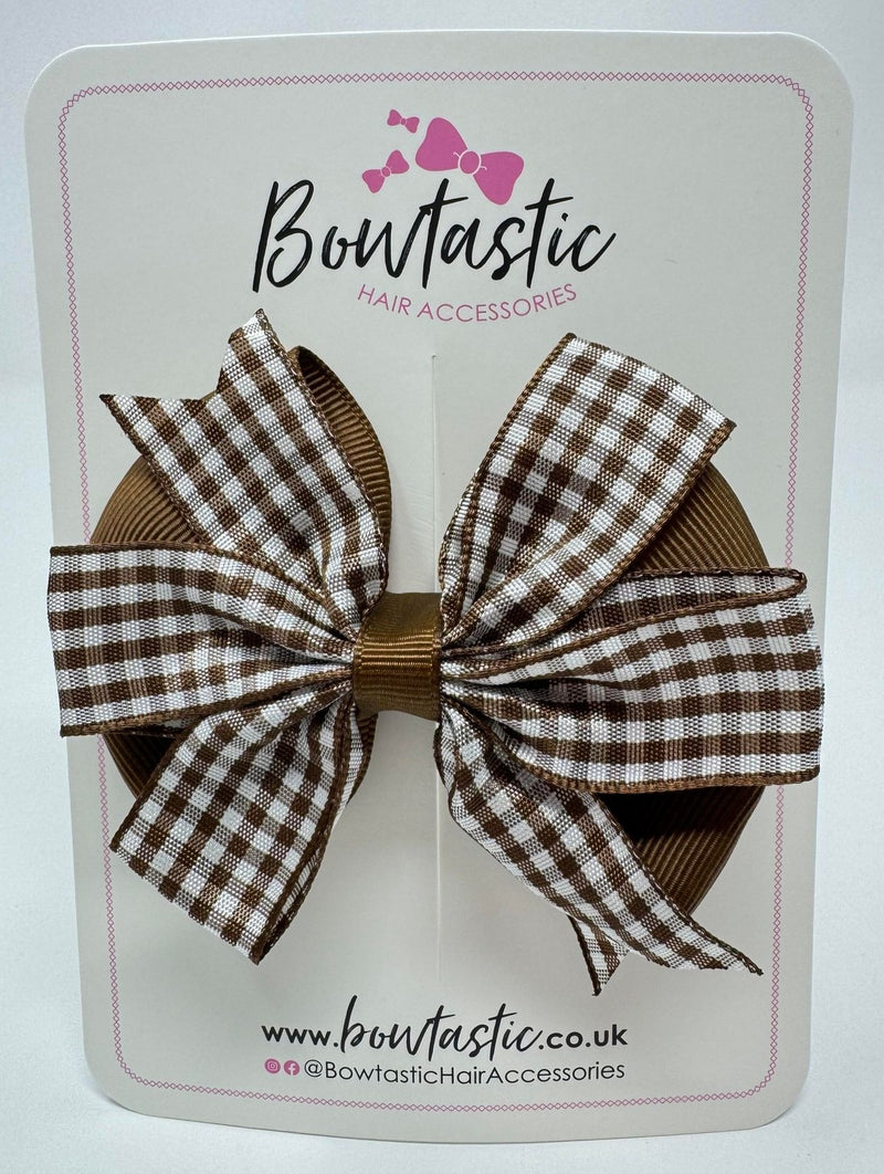 3.5 Inch Flat Double Bow - Turftan & Brown Gingham