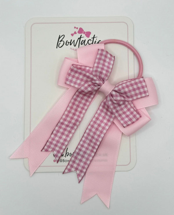 4 Inch Double Tail Bow Bobble - Pink & Pink Gingham