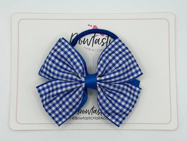 3.5 Inch 2 Layer Butterfly Bow Bobble - Royal Blue & Royal Blue Gingham
