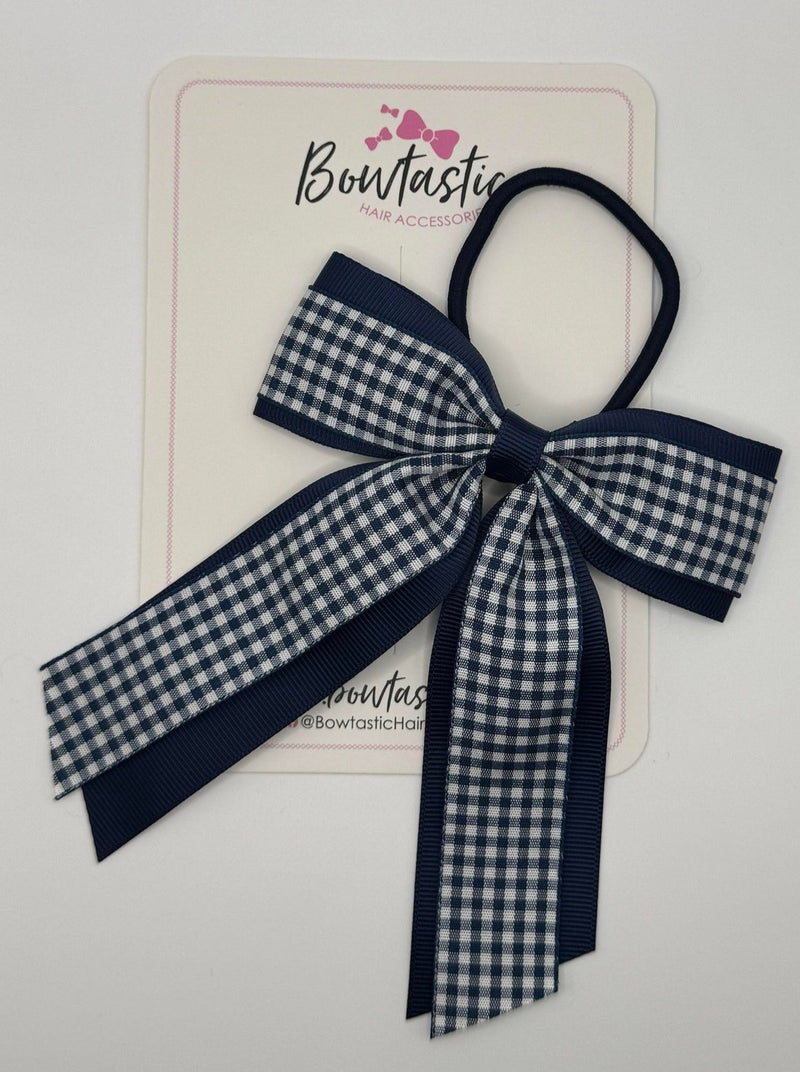 4.5 Inch Tail Bow Bobble - Navy & Navy Gingham