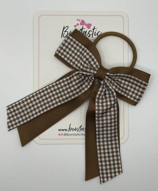 4.5 Inch Tail Bow Bobble - Turftan & Brown Gingham