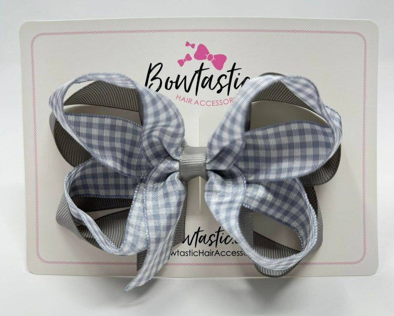 4 Inch 2 Layer Bow - Grey & Grey Gingham