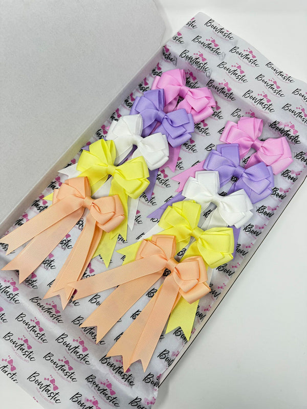 Bow Set - 4 Inch Tail Bows - 10 Pack Clips - Tulip, Lt Orchid, White, Baby Maize, Petal Peach
