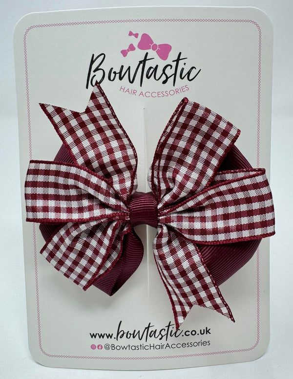 3.5 Inch Flat Double Bow - Burgundy & Burgundy Gingham