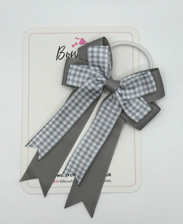 4 Inch Double Tail Bow Bobble - Grey & Grey Gingham