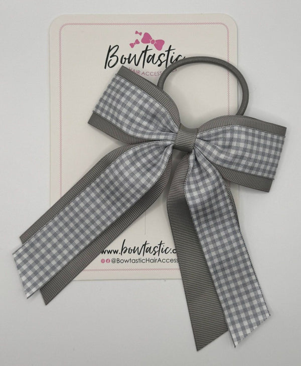 4.5 Inch Tail Bow Bobble - Grey & Grey Gingham