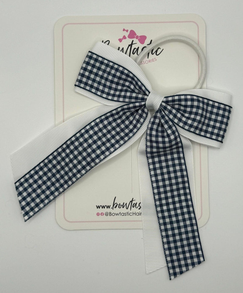 4.5 Inch Tail Bow Bobble - Navy & White Gingham