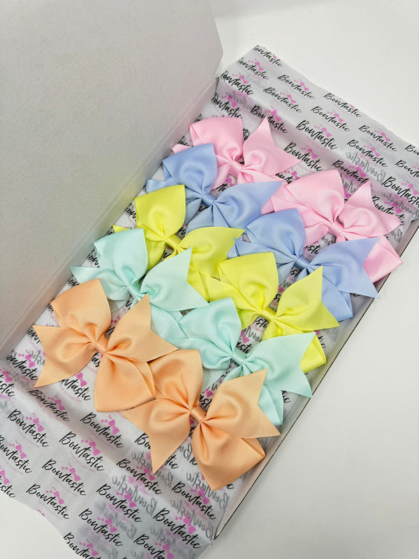 Bow Set - 5 Inch Flat Bows - 10 Pack Clips - Pearl Pink, Bluebell, Crystaline, Petal Peach, Baby Maize
