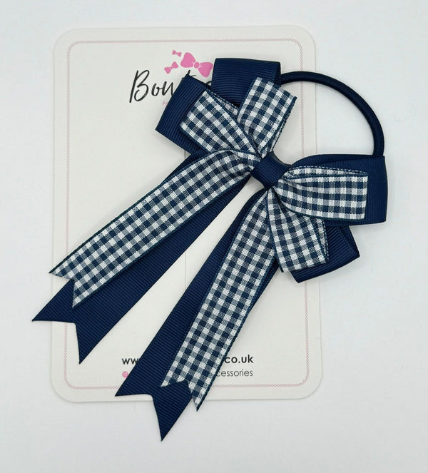 4 Inch Double Tail Bow Bobble - Navy & Navy Gingham