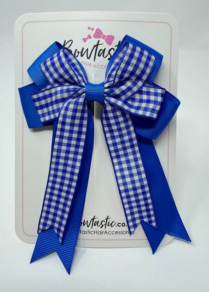 4 Inch Double Tail Bow - Royal Blue & Royal Blue Gingham