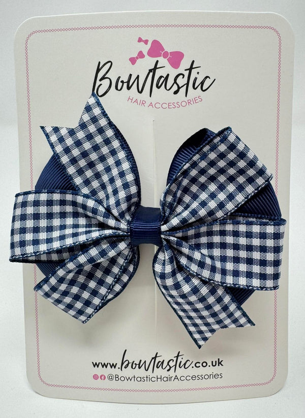 3.5 Inch Flat Double Bow - Navy & Navy Gingham
