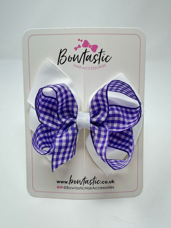 4 Inch Double Bow - Purple & White Gingham