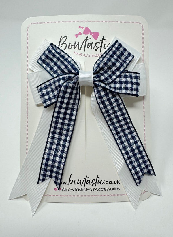 4 Inch Double Tail Bow - Navy & White Gingham