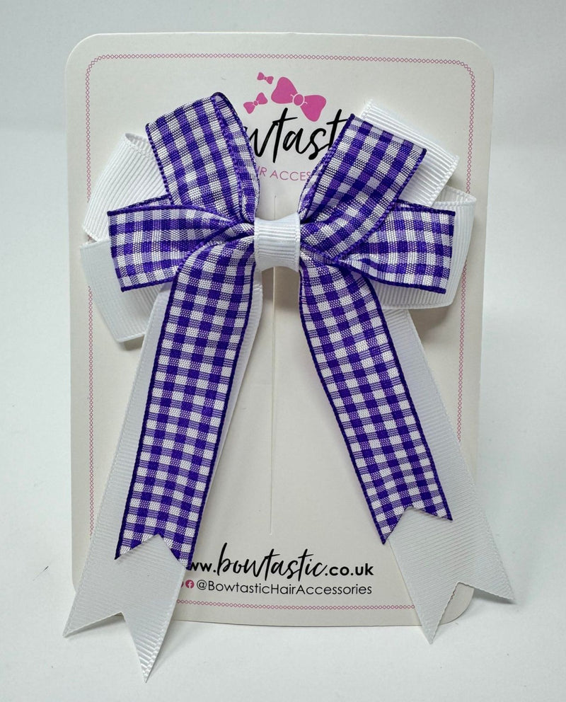 4 Inch Double Tail Bow - Purple & White Gingham