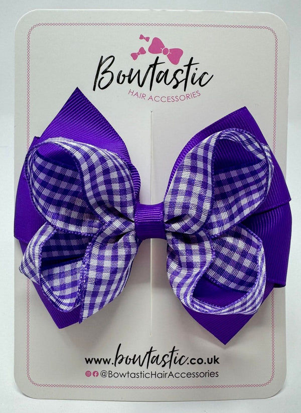 4 Inch Double Bow - Purple & Purple Gingham