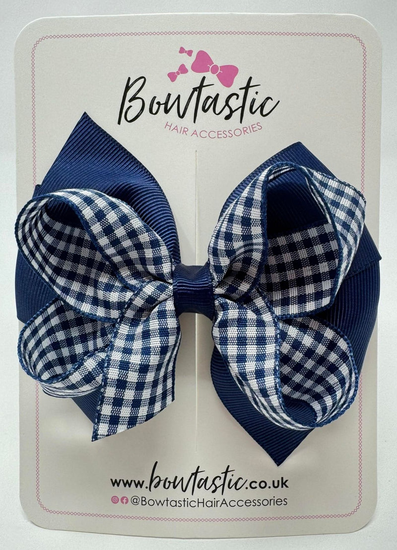 4 inch Double Bow - Navy & Navy Gingham