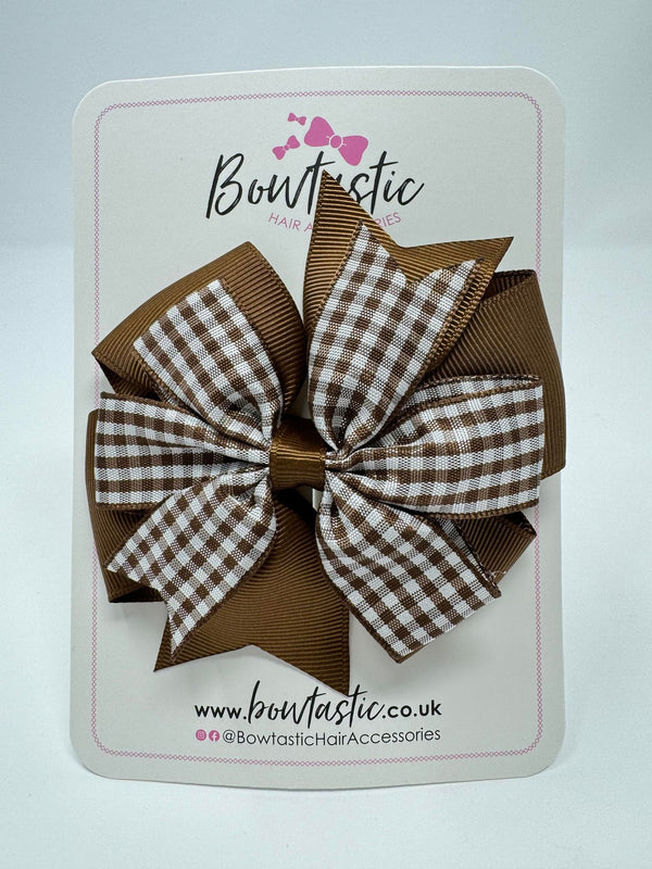4 Inch Double Pinwheel Bow - Brown & Brown Gingham
