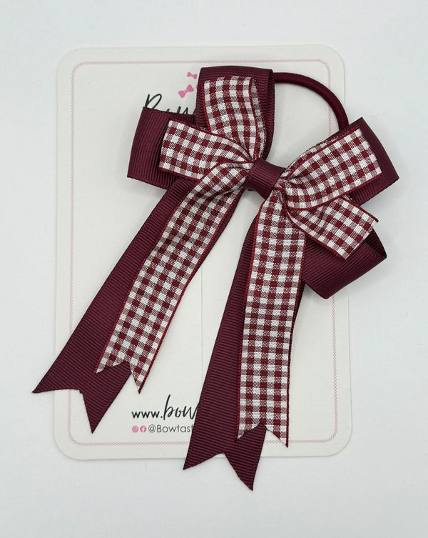 4 Inch Double Tail Bow Bobble - Burgundy & Burgundy Gingham