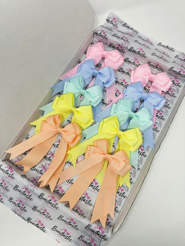 Bow Set - 4 Inch Tail Bows - 10 Pack Clips - Pearl Pink, Bluebell, Crystaline, Petal Peach, Baby Maize