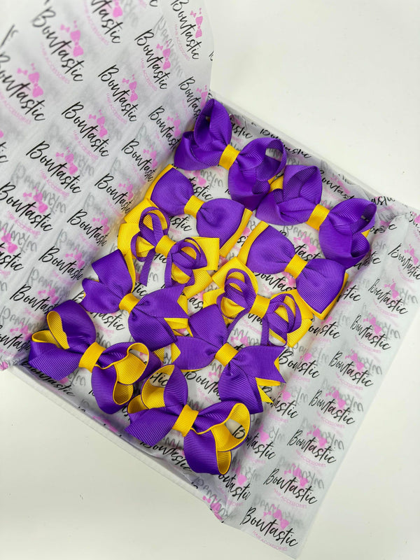 School Bundle - 3 Inch Bows - Purple & Yellow Gold  - 10 Pack