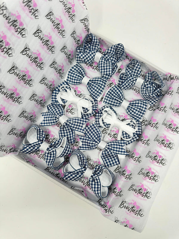 School Bundle - 3 Inch Bows - Navy & White Gingham  - 10 Pack