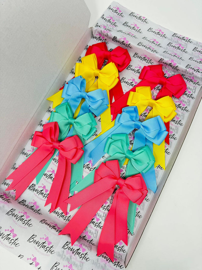 Bow Set - 4 Inch Tail Bows - 10 Pack Clips - Shocking Pink, Daffodil, Blue Mist, Tropic, Coral Rose