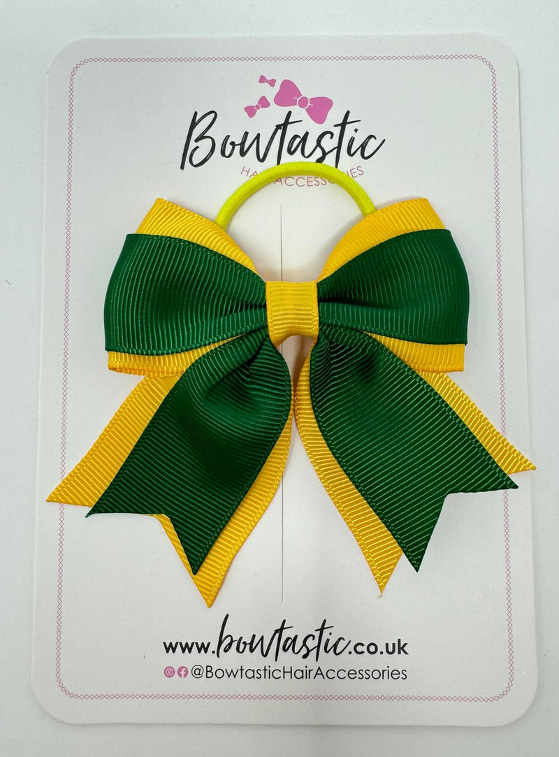 3 Inch Flat 2 Layer Tail Bow Thin Elastic - Forest Green & Yellow Gold