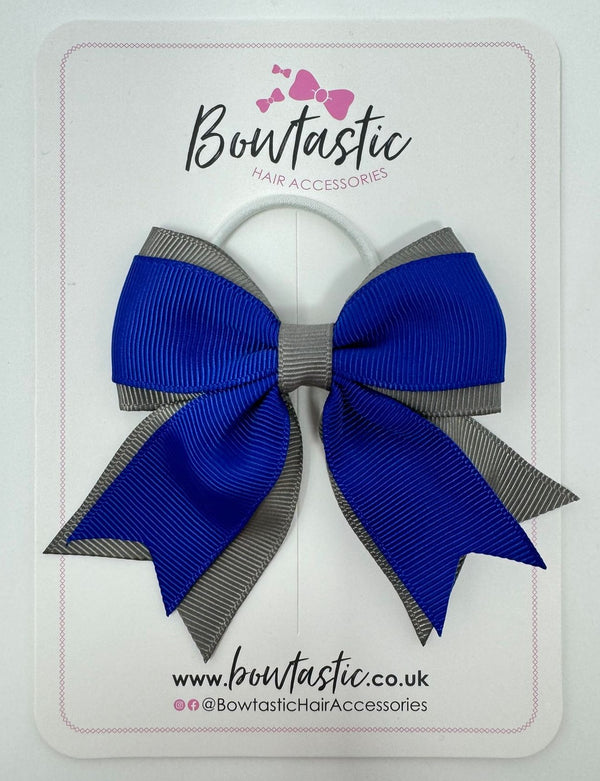 3 Inch Flat 2 Layer Tail Bow Thin Elastic - Cobalt & Metal Grey