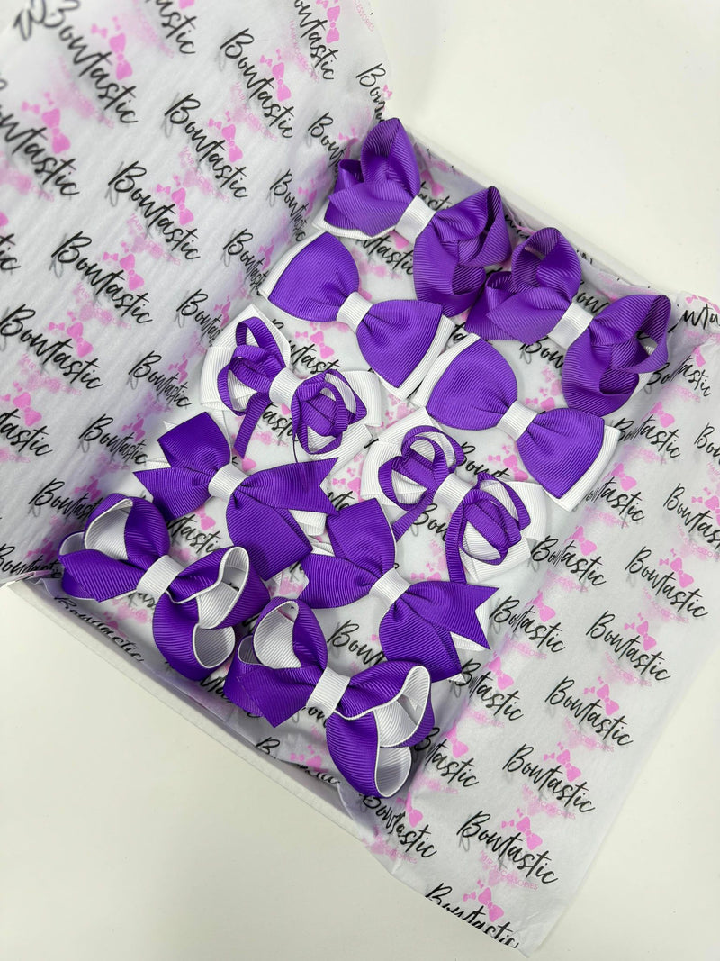 School Bundle - 3 Inch Bows - Purple & White  - 10 Pack