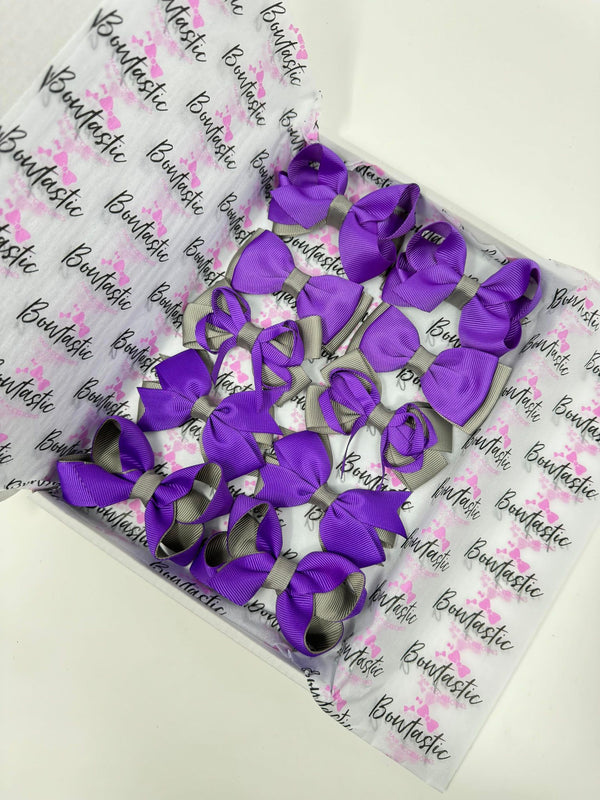 School Bundle - 3 Inch Bows - Purple & Metal Grey  - 10 Pack