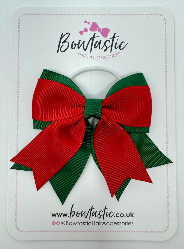 3.5 Inch Tail Bow Bobble Thin Elastic - Forest Green & Red