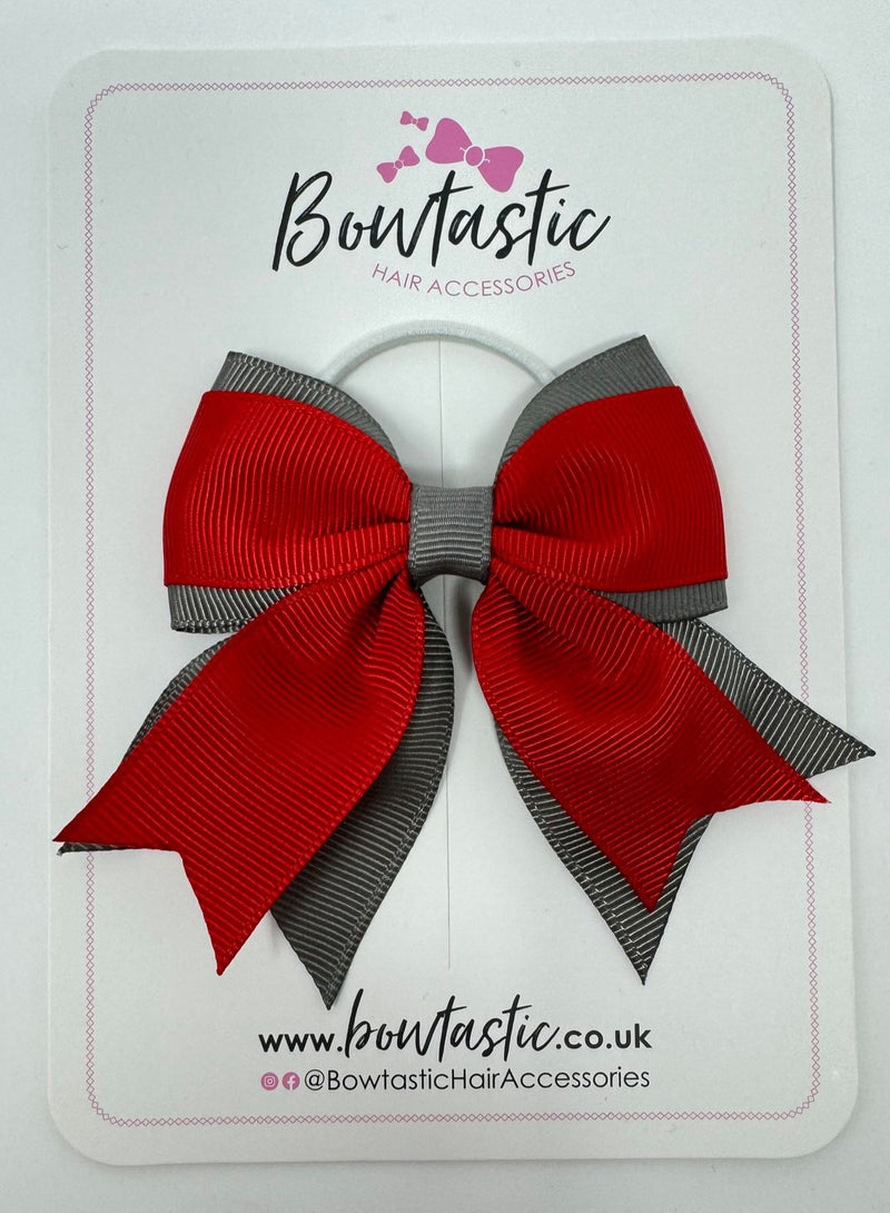 3 Inch Flat 2 Layer Tail Bow Thin Elastic - Red & Metal Grey