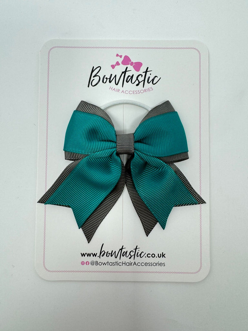 3 Inch Flat 2 Layer Tail Bow Thin Elastic - Jade Green & Metal Grey