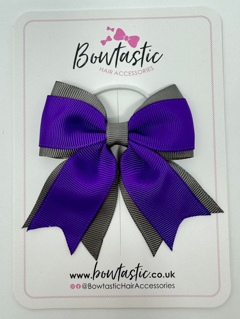 3 Inch Flat 2 Layer Tail Bow Thin Elastic - Purple & Metal Grey