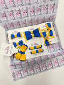 Surprise School Bundle - Small Bows - Clips - Matching Pairs - 10 Pack - Royal Blue & Yellow Gold