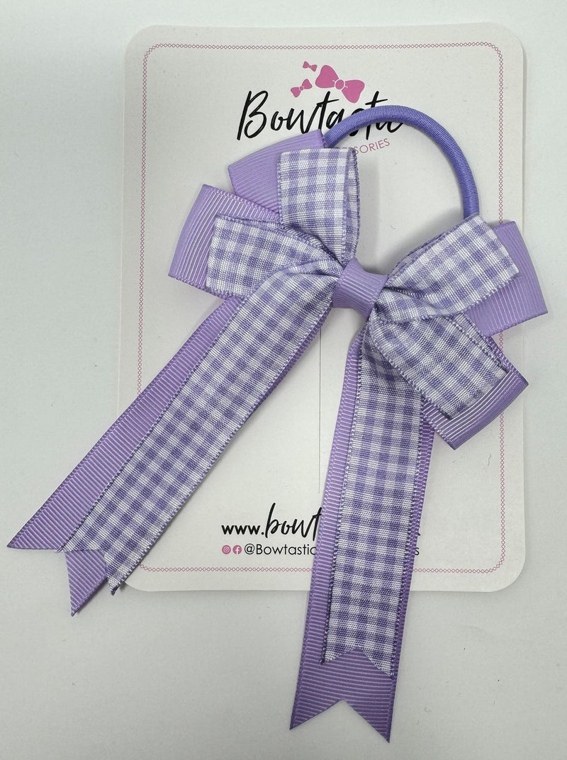 4 Inch Double Tail Bow Bobble - Lilac & Lilac Gingham