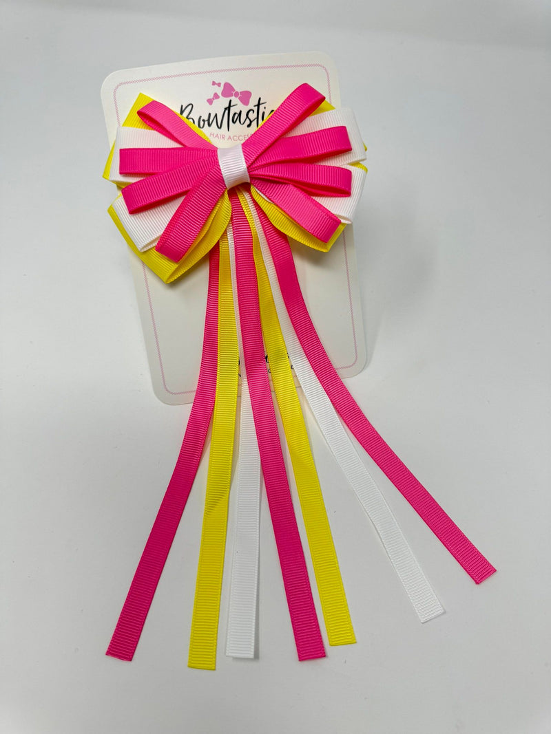 4 Inch Streamer Tail Bow - Hot Pink, Lemon & White