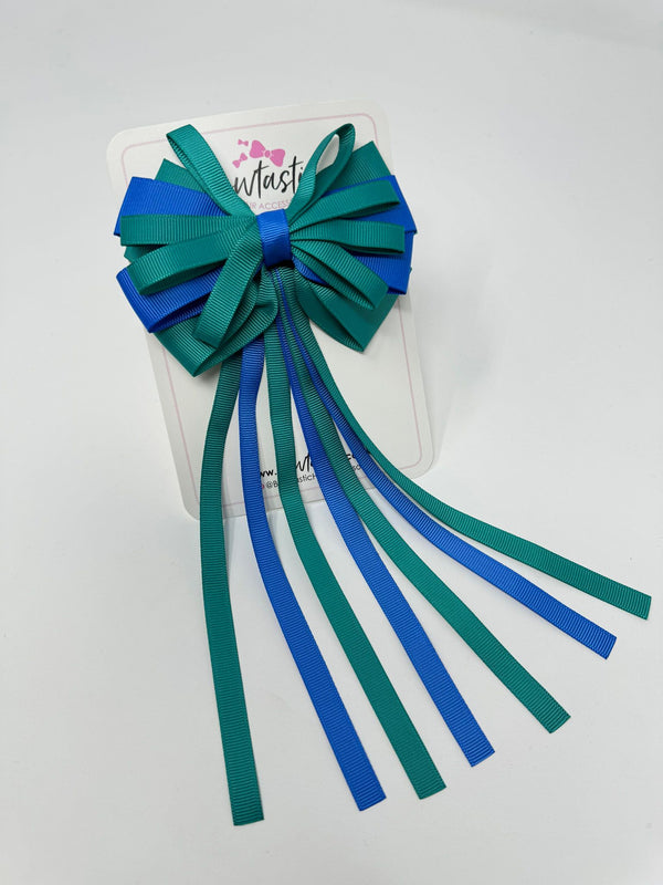 4 Inch Streamer Tail Bow - Royal Blue & Jade Green