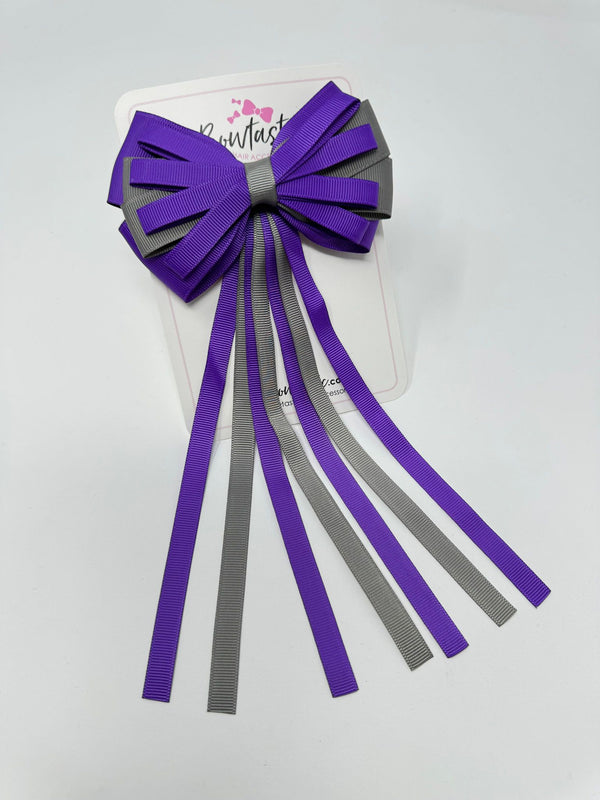 4 Inch Streamer Tail Bow - Purple & Metal Grey